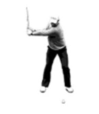 A golfer at P3, lead arm parallel, seen face on