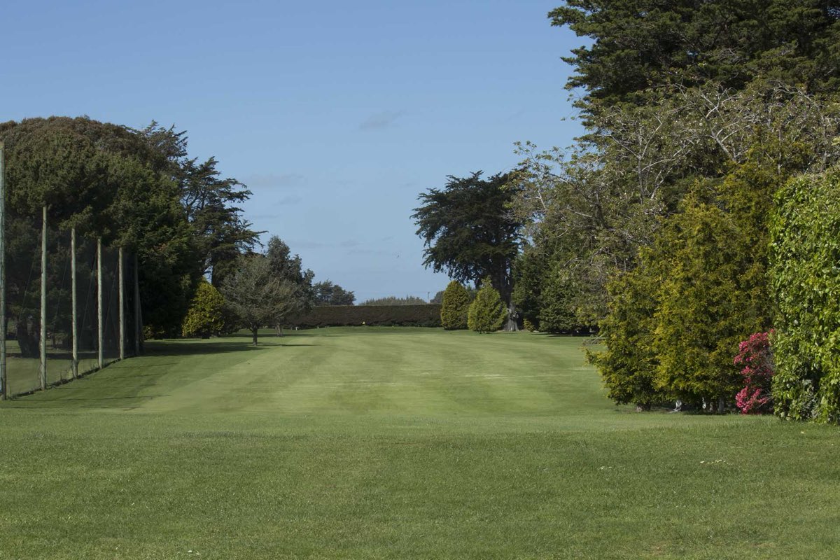 A tree-lined fairway at Green Acres Country Club on a clear Southland day.